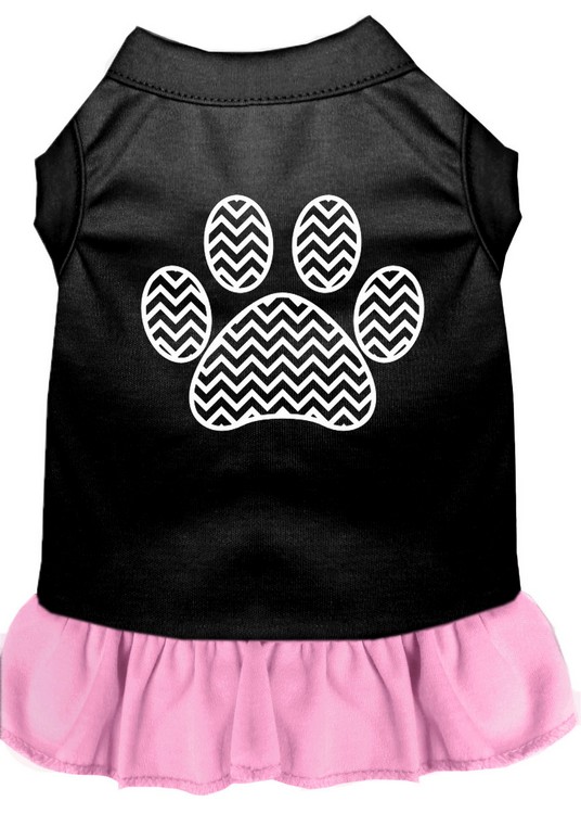 Chevron Paw Screen Print Dress Black with Light Pink Sm